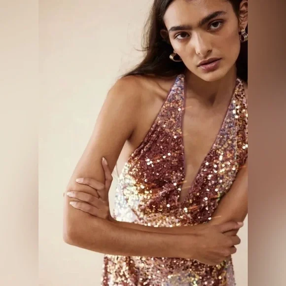 NWOT FREE PEOPLE GLITTER AND GOLD MIDI DRESS Sz S - Picture 3 of 16